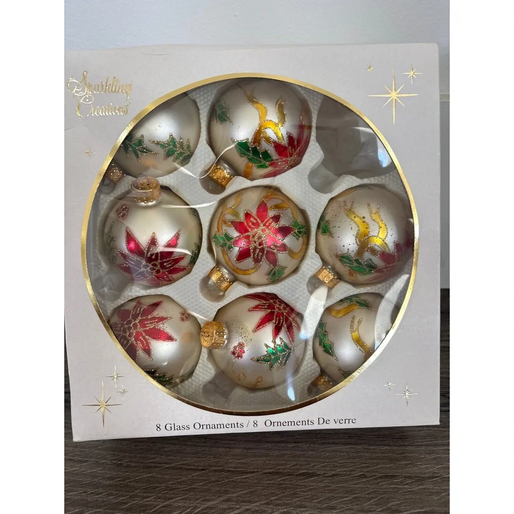 Vintage Hand Painted Christmas Ornaments 7 Poinsettia White Gold Glitter